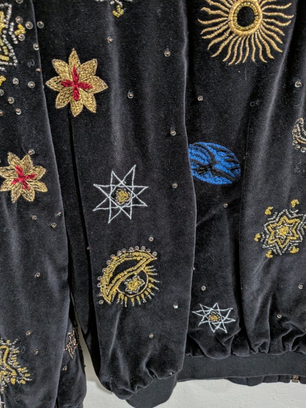 Anthropologie Black Velvet Celestial Embroidered & Beaded Bomber Jacket - Picture 4 of 8